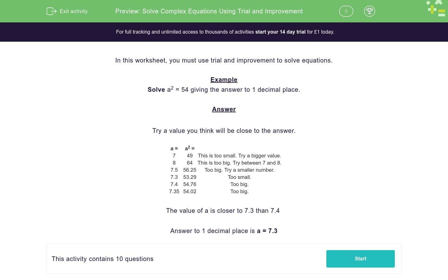 Solve Complex Equations Using Trial and Improvement Worksheet - EdPlace
