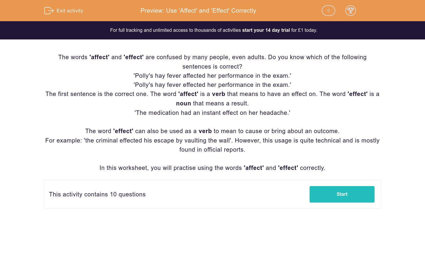 Use 'Affect' and 'Effect' Correctly Worksheet - EdPlace
