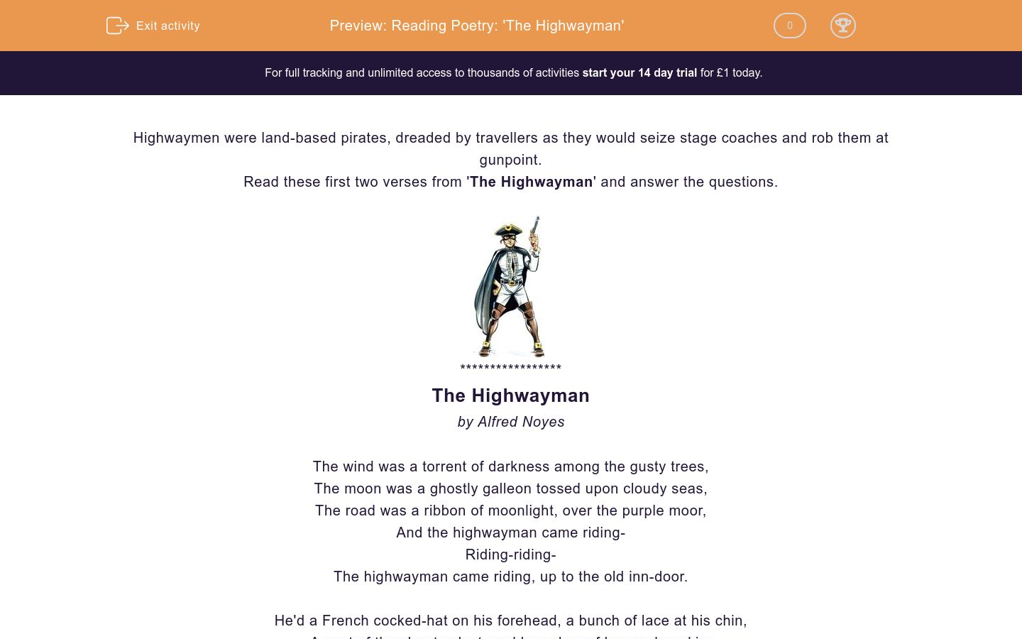 Reading Poetry: 'The Highwayman' Worksheet - EdPlace