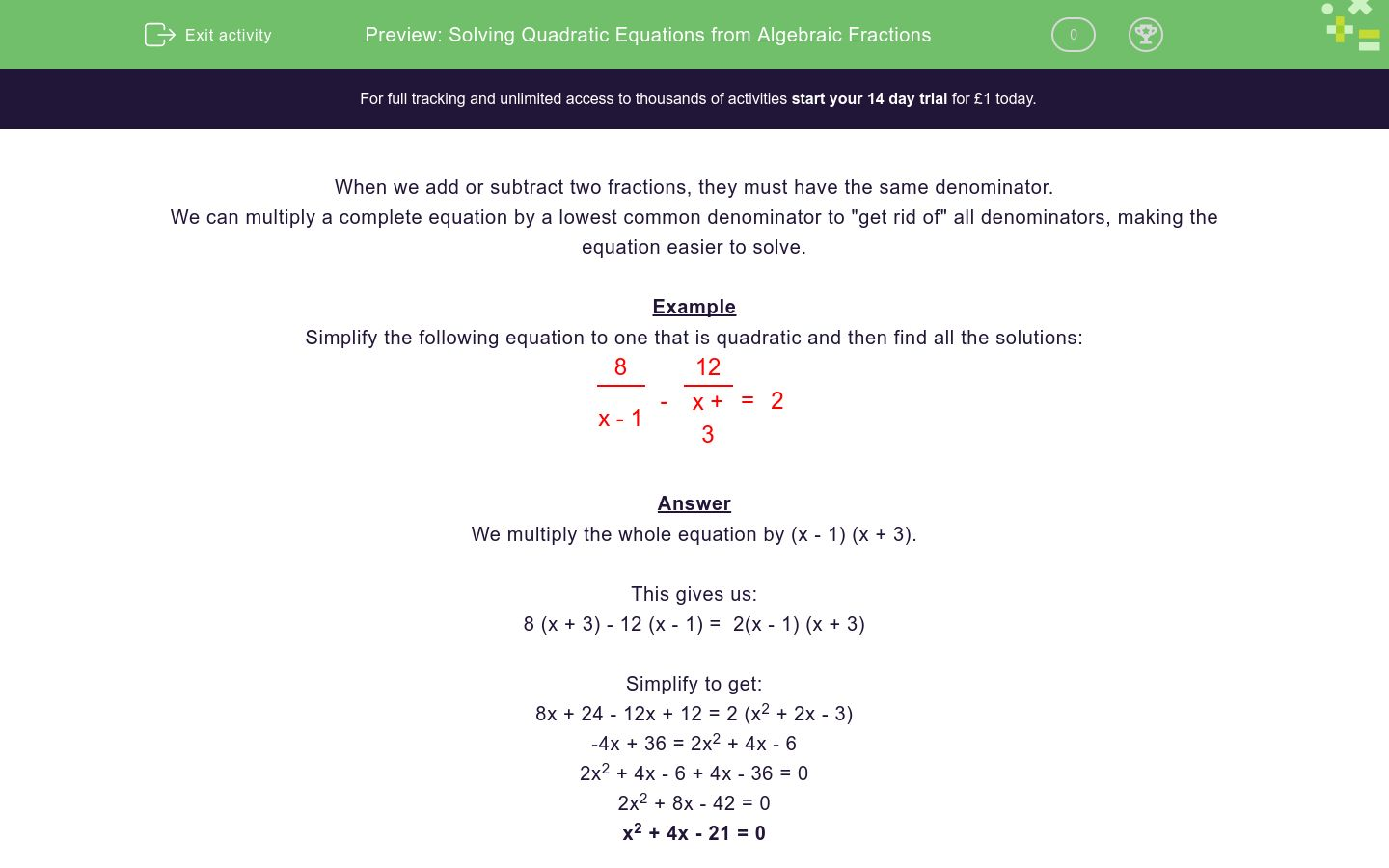 Solving Quadratic Equations From Algebraic Fractions Worksheet Edplace