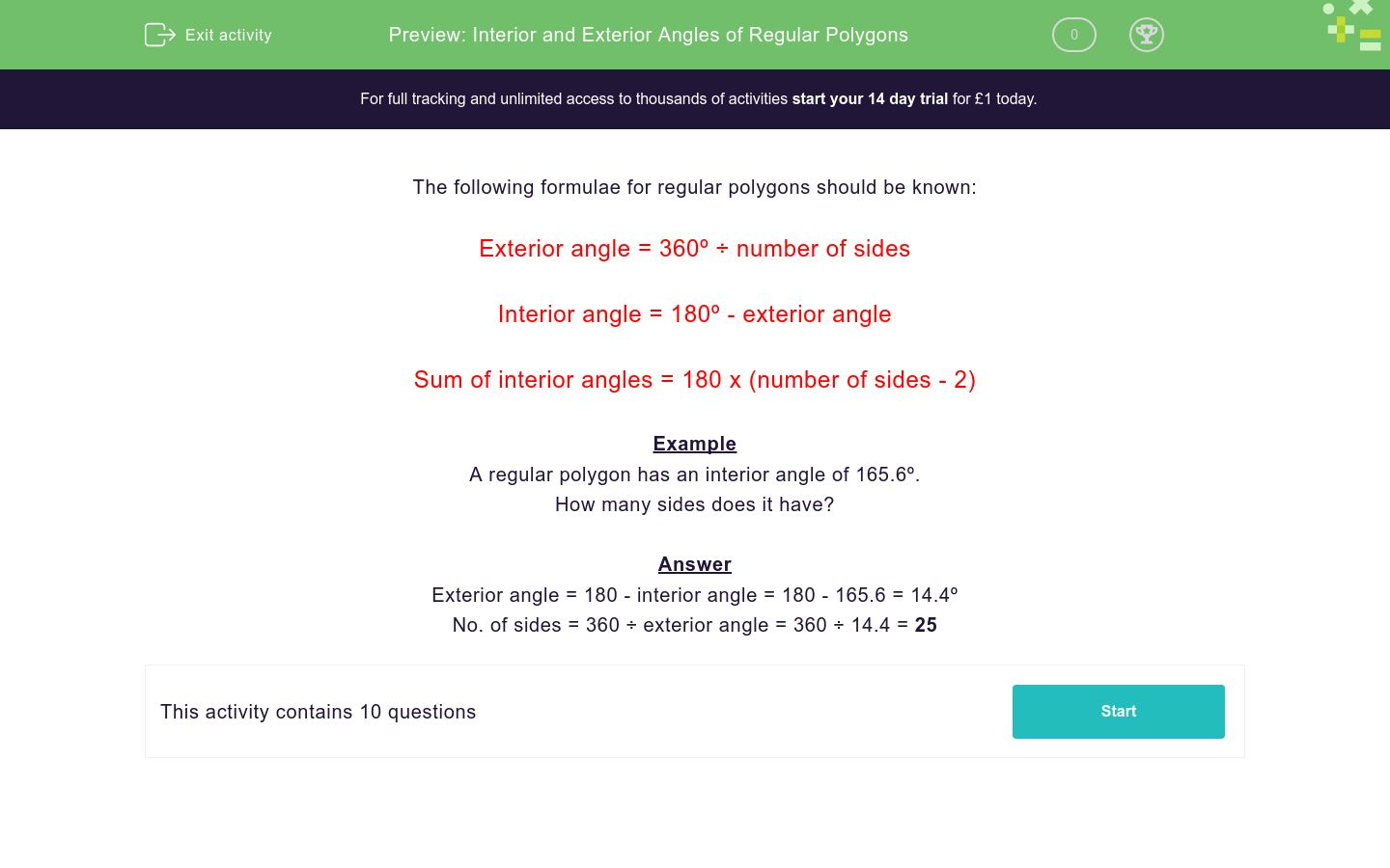 Interior And Exterior Angles Of Regular Polygons Worksheet