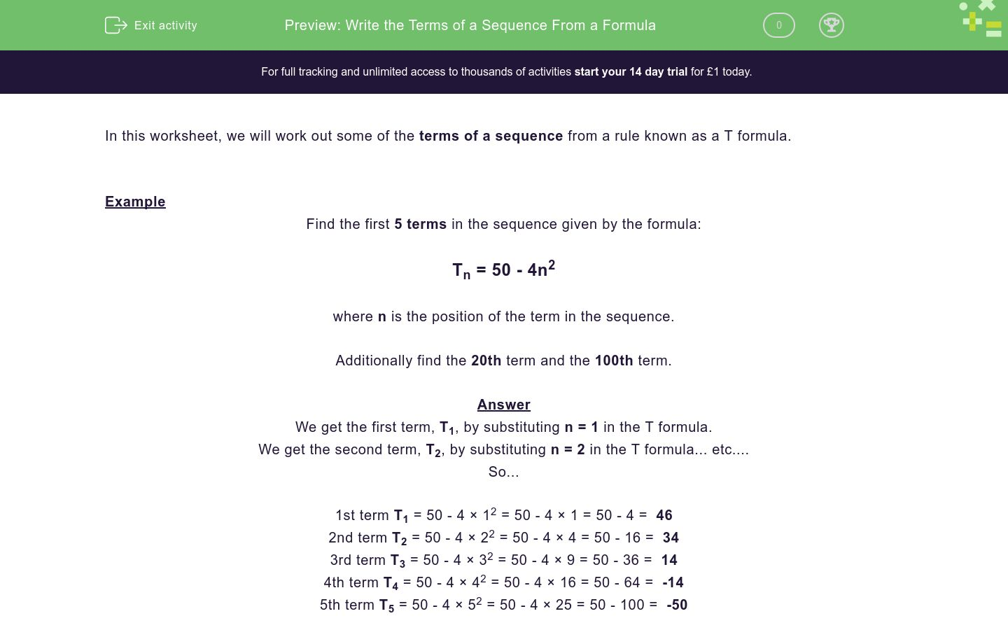 Write the Terms of a Sequence From a Formula Worksheet - EdPlace