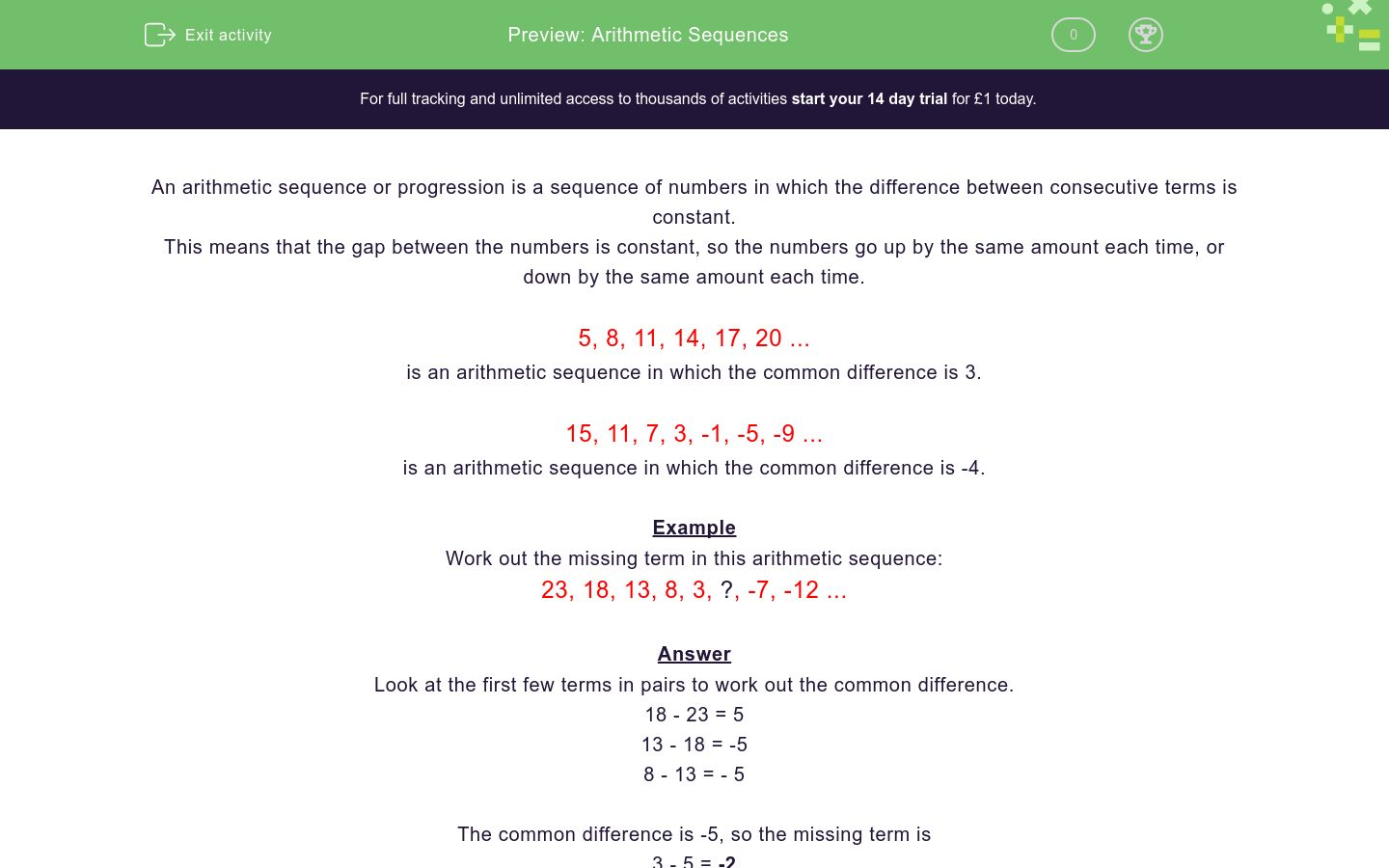 Arithmetic Sequence Worksheet With Answers