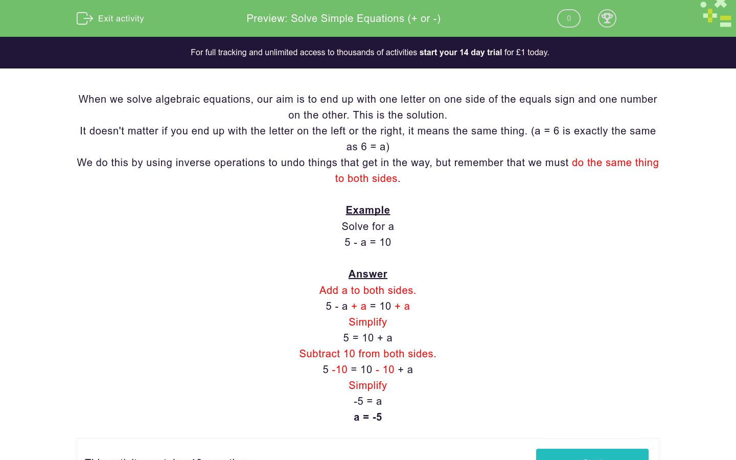 Solve Simple Equations (+ or -) Worksheet - EdPlace