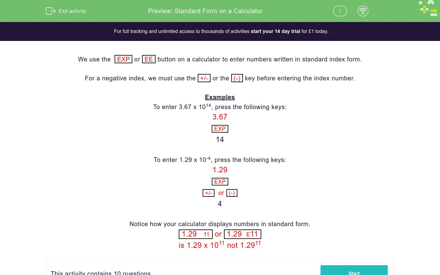 Understand Standard Form on a Calculator Worksheet - EdPlace