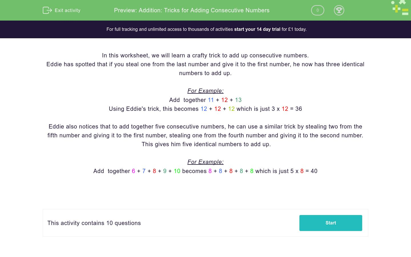 Addition Tricks For Adding Consecutive Numbers Worksheet EdPlace