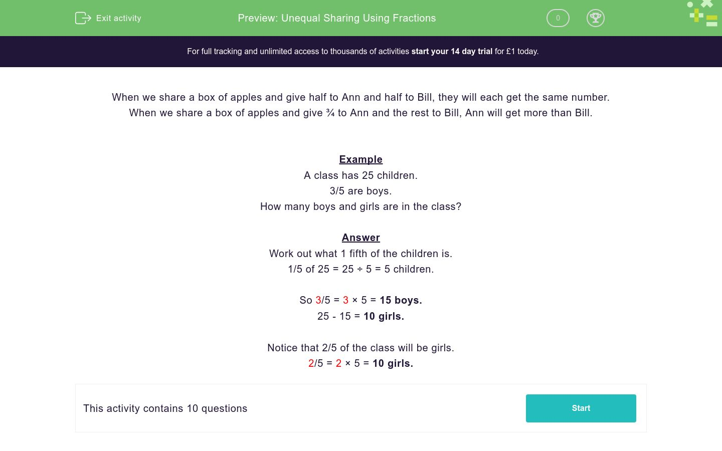 Unequal Sharing Using Fractions Worksheet - EdPlace