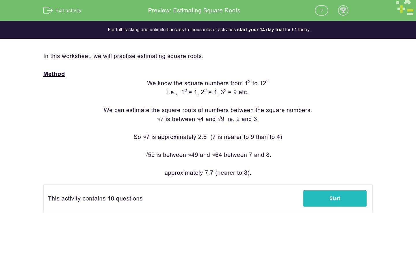 Estimating Square Roots Worksheet