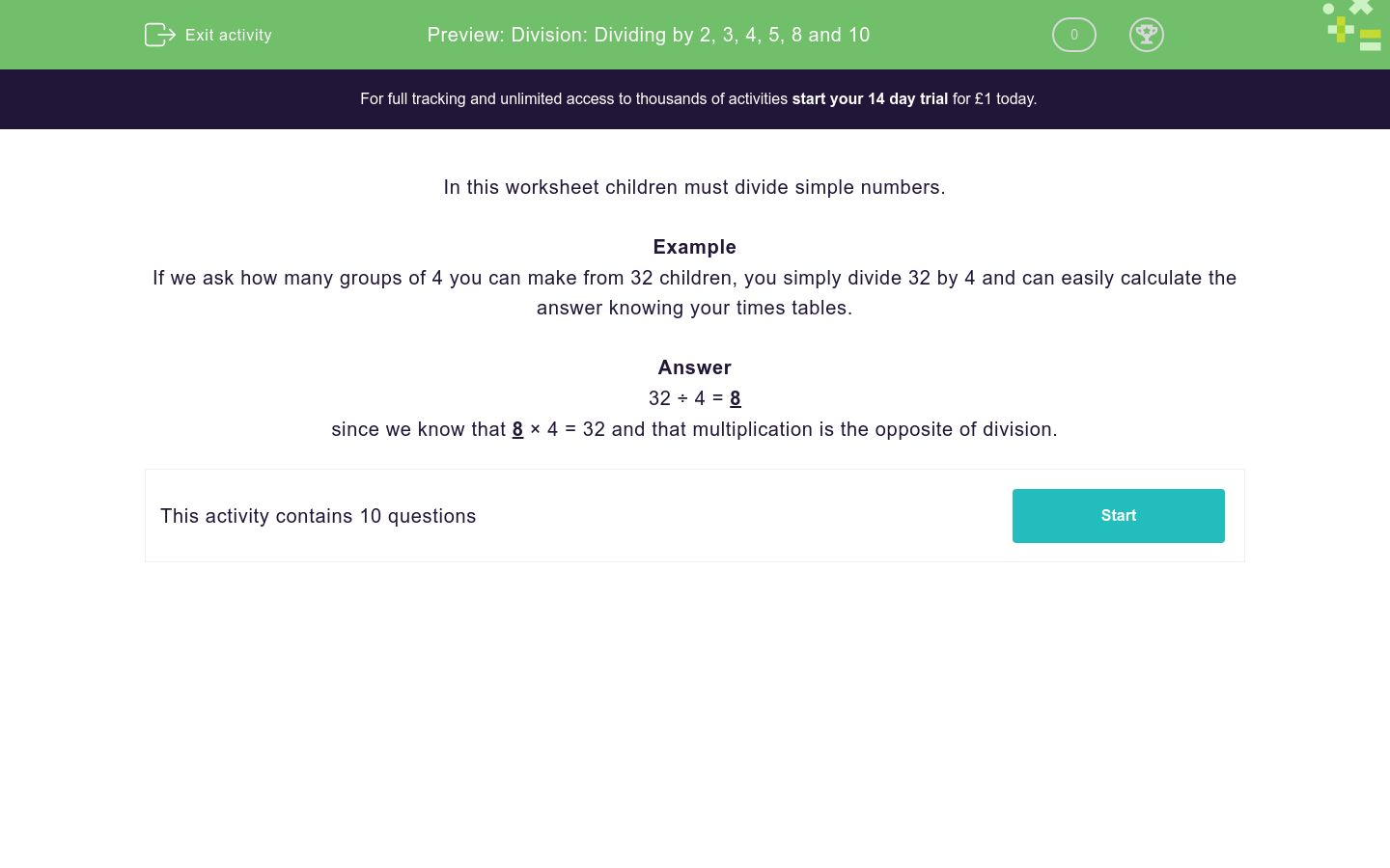 Division: Dividing by 2, 3, 4, 5, 8 and 10 Worksheet - EdPlace