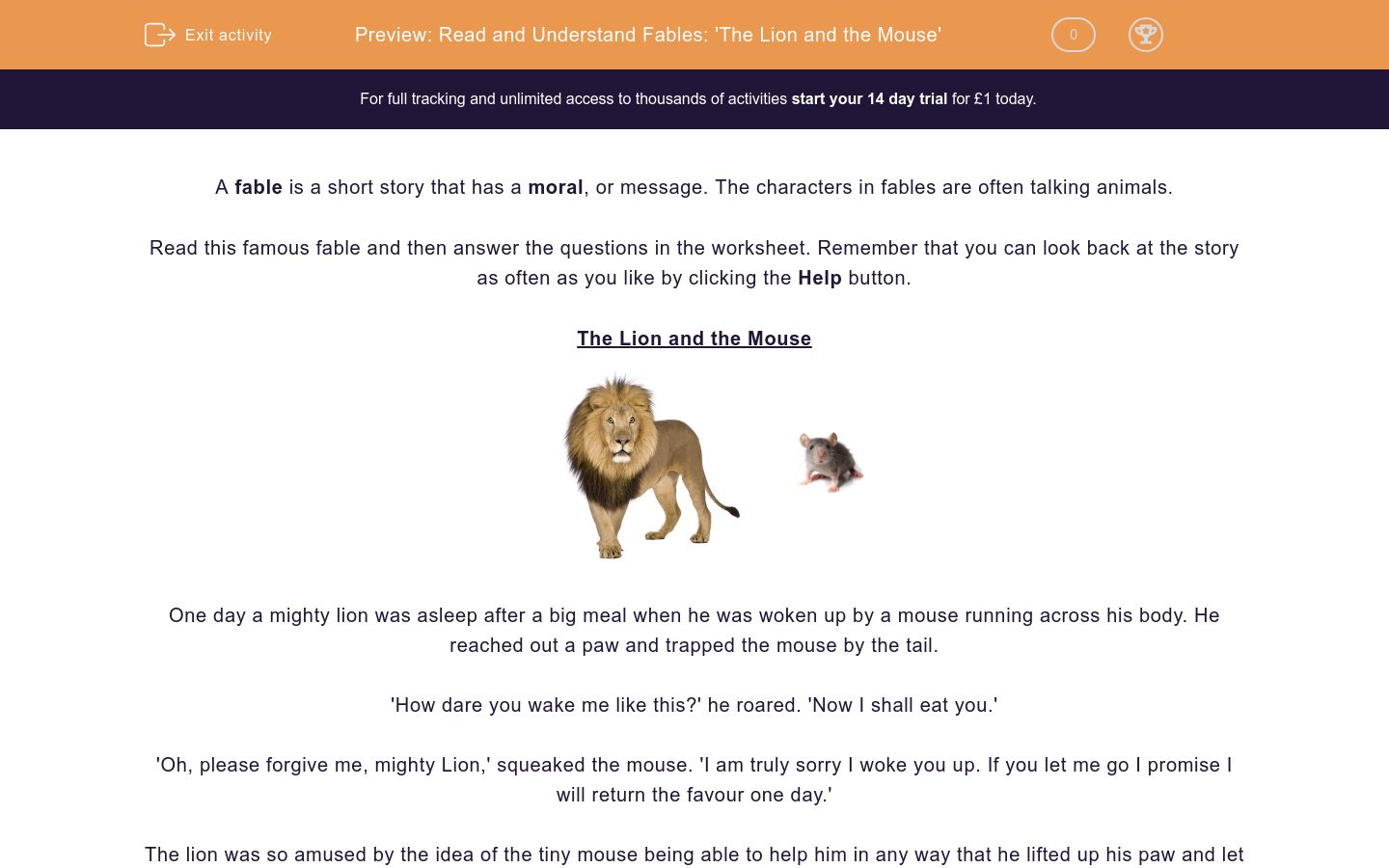 Read And Understand Fables The Lion And The Mouse Worksheet Edplace