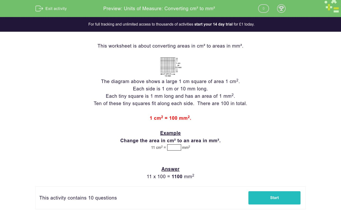 Units of Measure: Converting cm² to mm² Worksheet - EdPlace