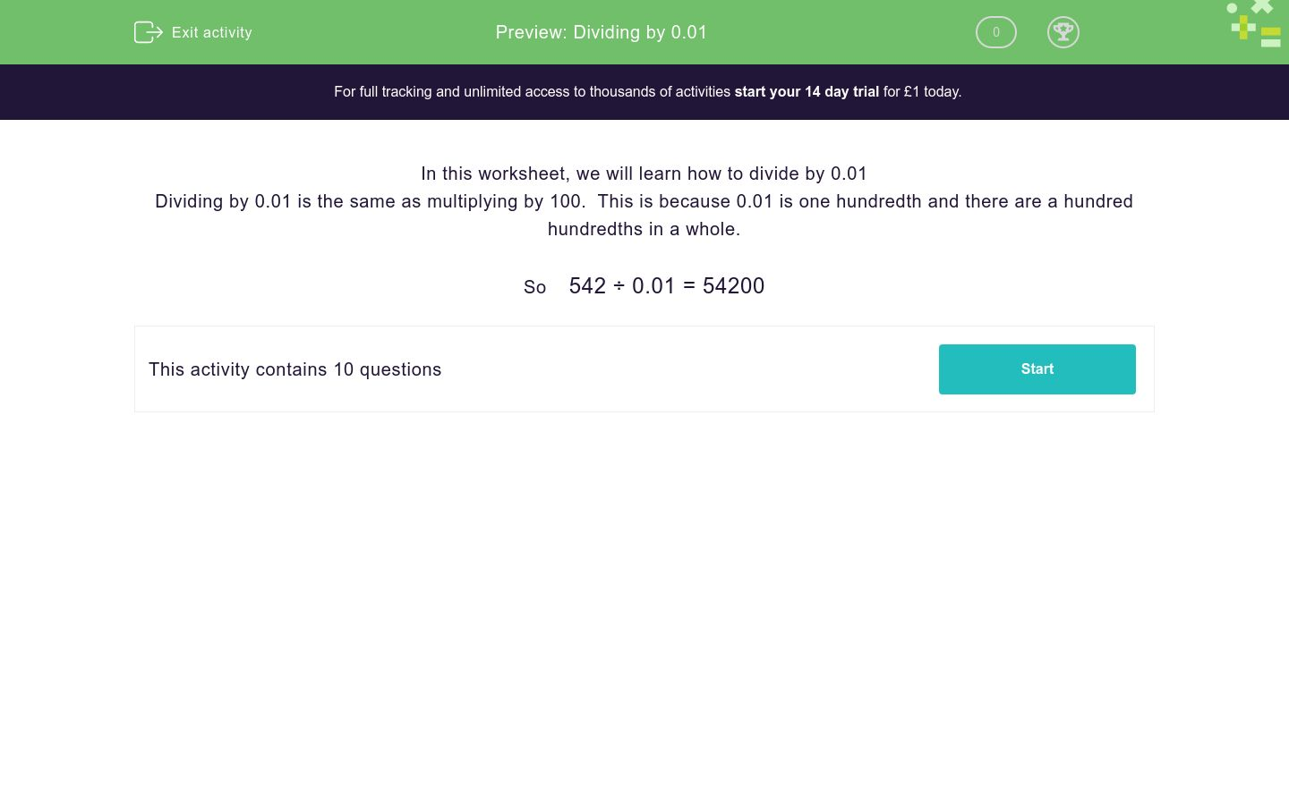 Dividing by 0.01 Worksheet - EdPlace