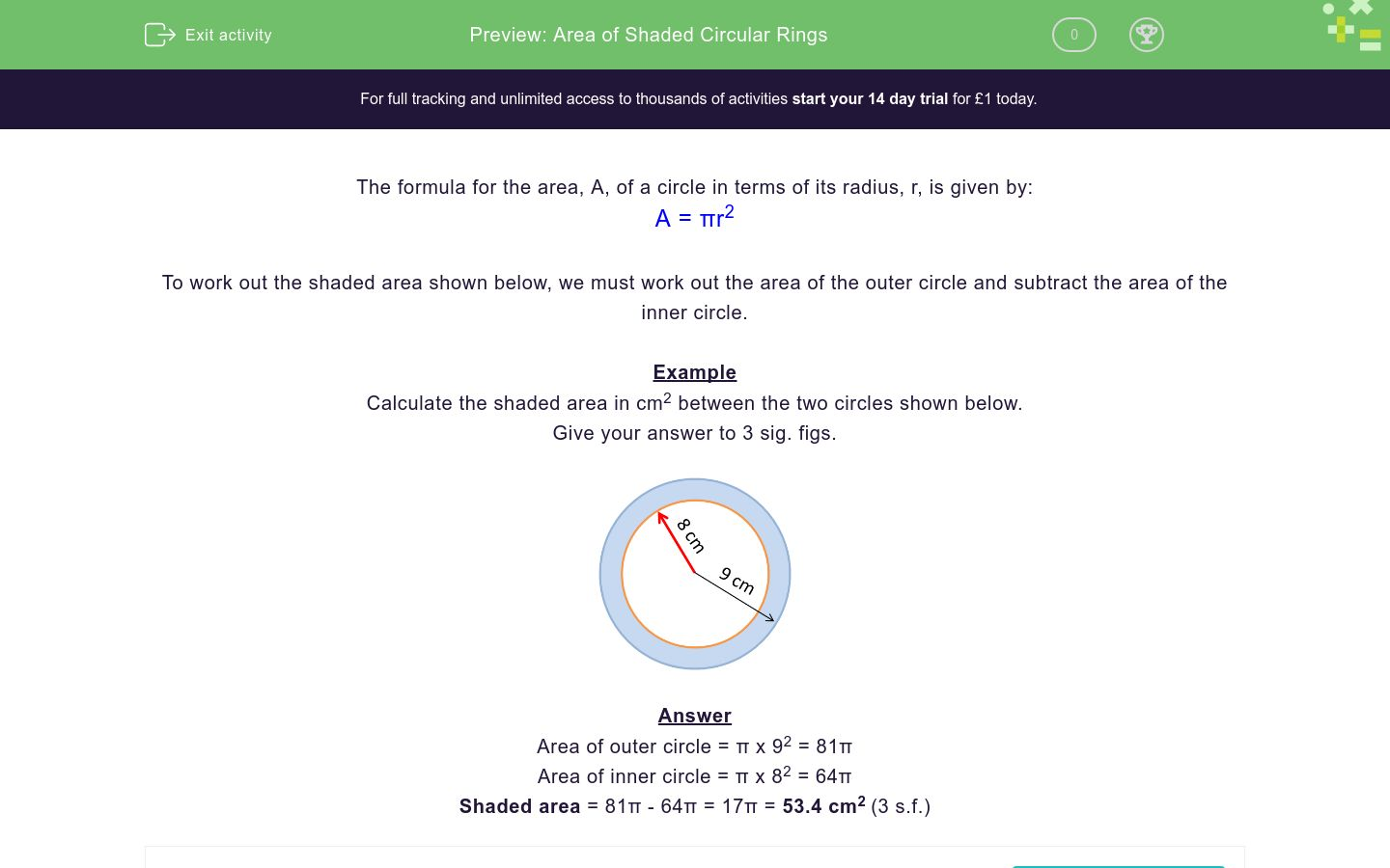 Area of Shaded Circular Rings Worksheet EdPlace