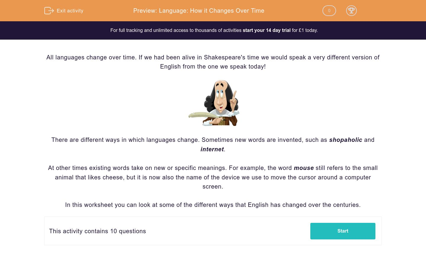 Language How it Changes Over Time Worksheet EdPlace