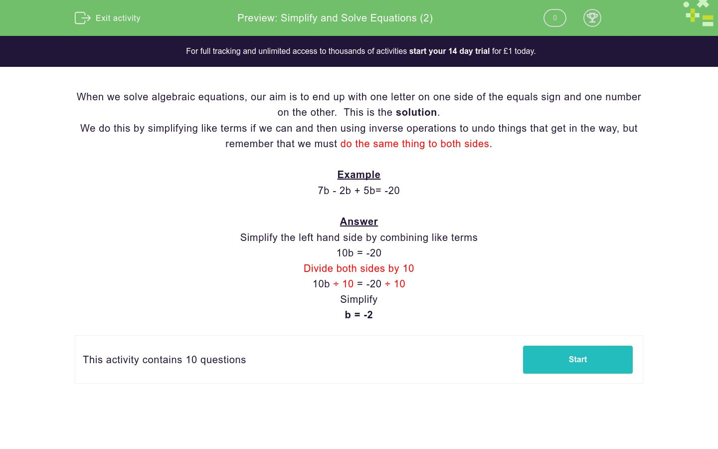 Simplify and Solve Equations (2) Worksheet - EdPlace