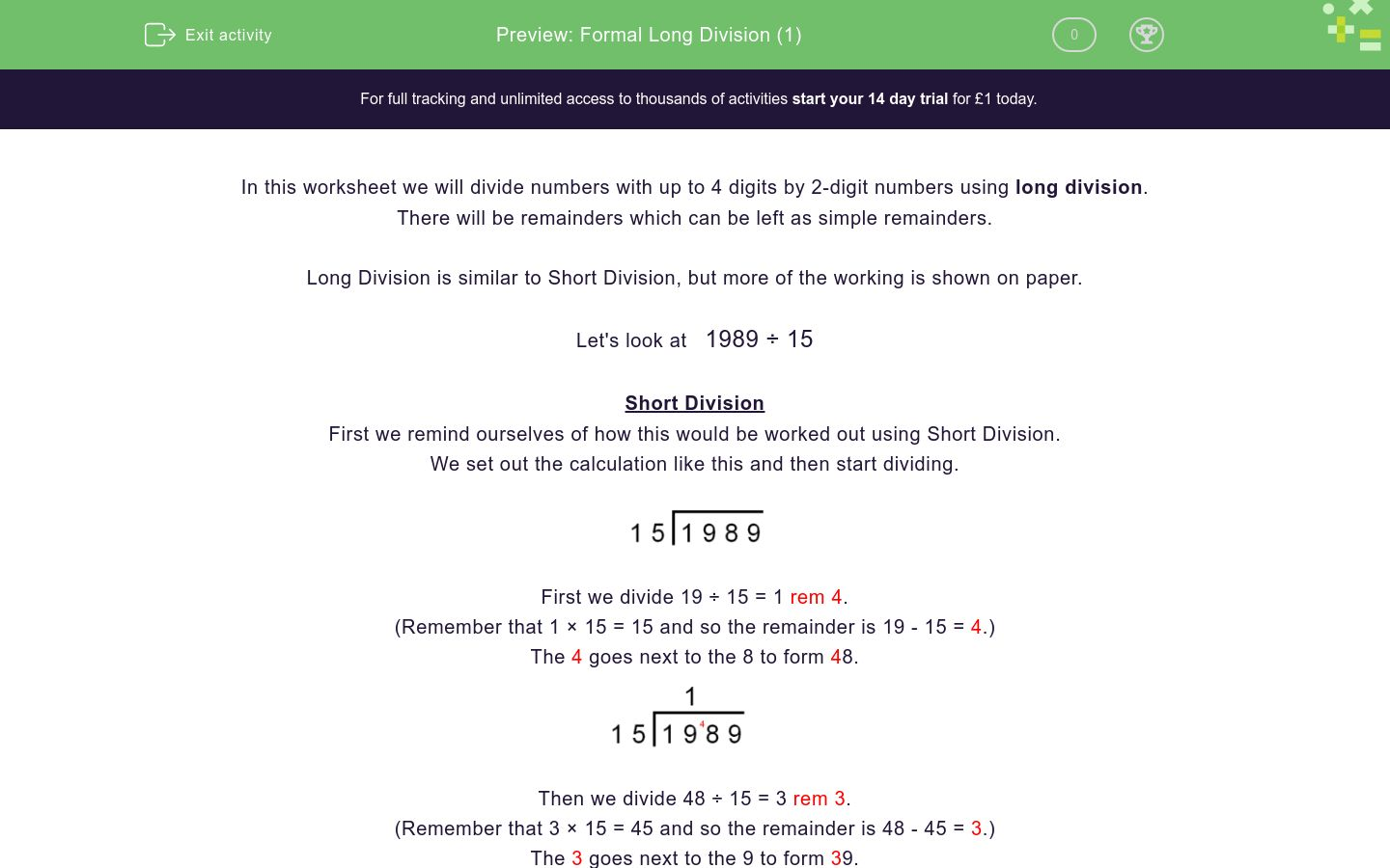 Formal Long Division (1) Worksheet - EdPlace