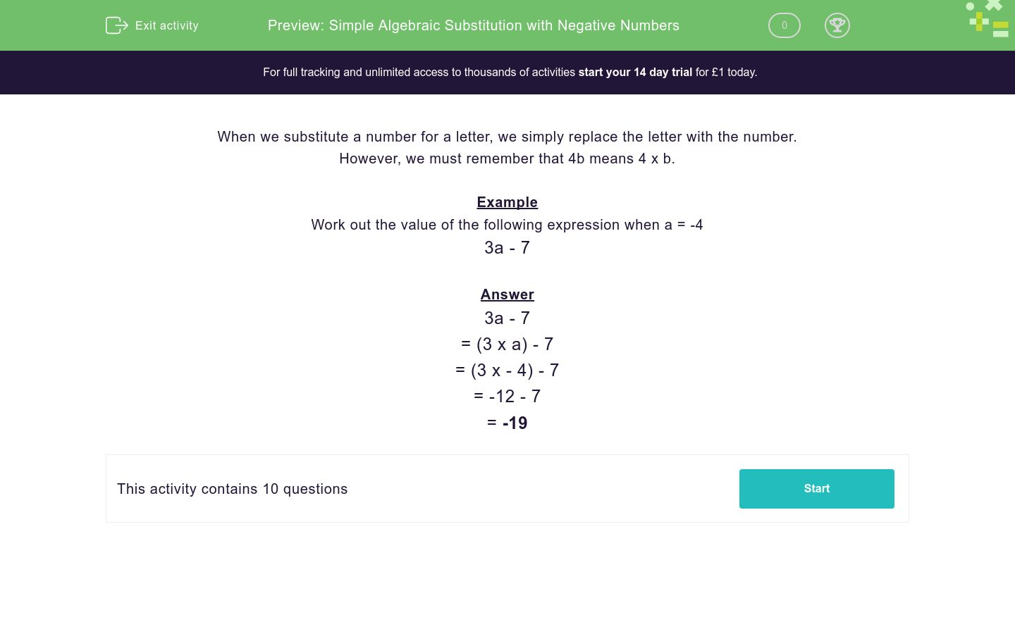 Simple Algebraic Substitution With Negative Numbers Worksheet EdPlace