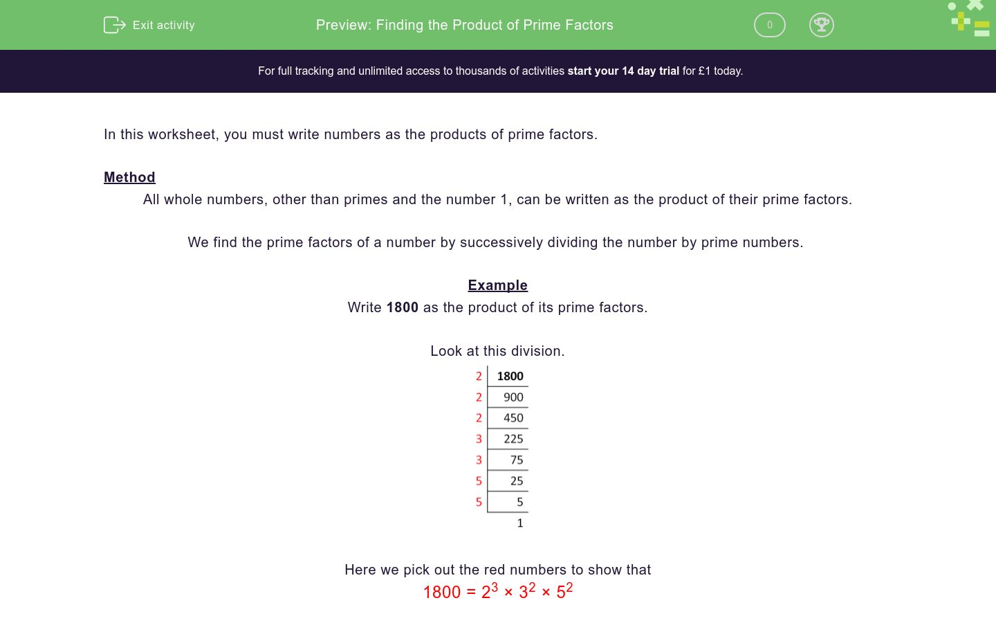 Finding the Product of Prime Factors Worksheet - EdPlace