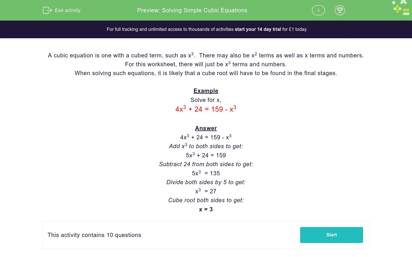 Solving Simple Cubic Equations Worksheet - EdPlace