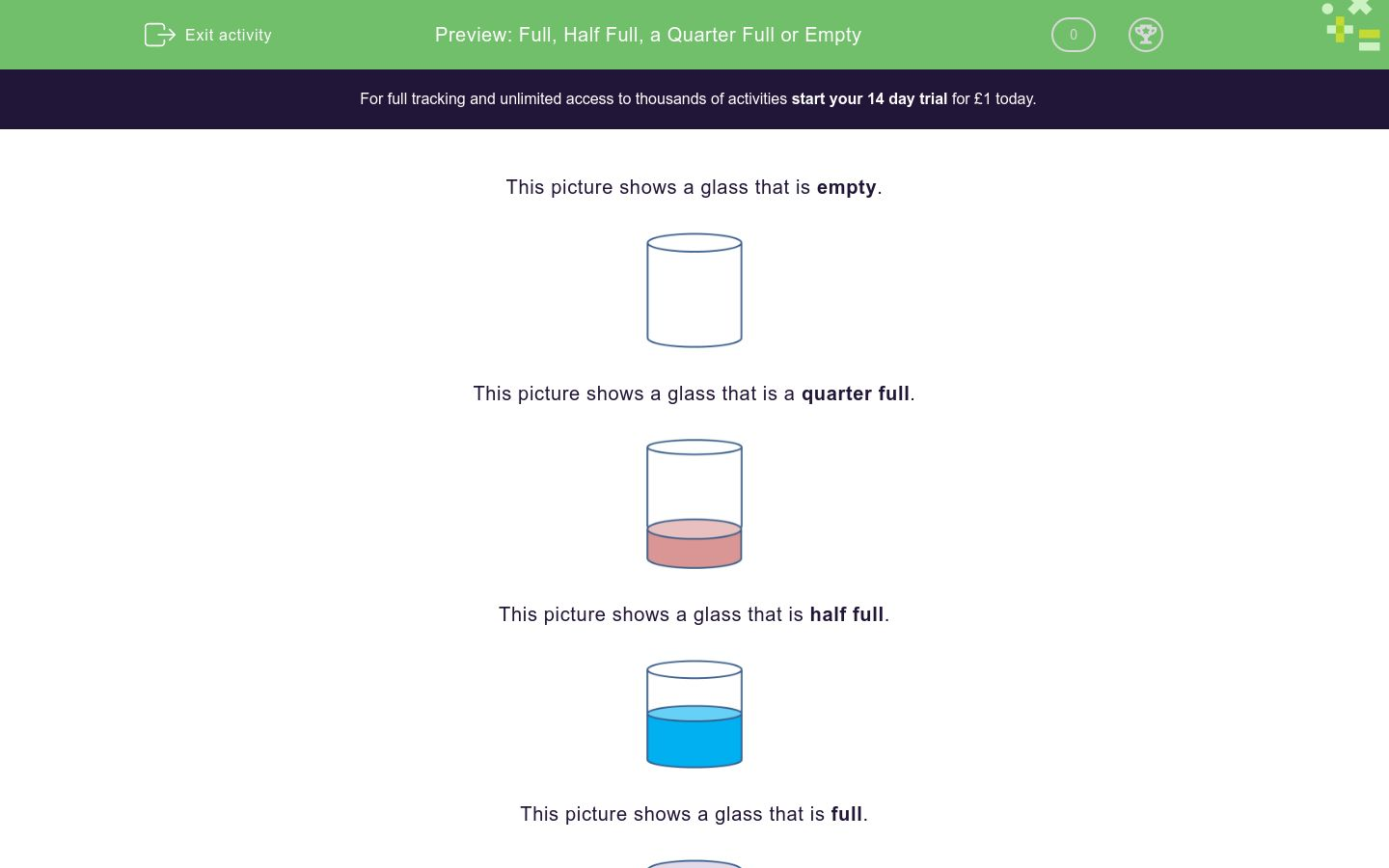 Full, Half Full, A Quarter Full Or Empty Worksheet - EdPlace