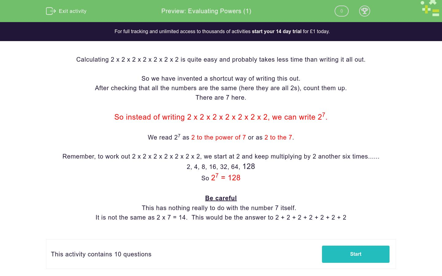Evaluating Powers (1) Worksheet - EdPlace