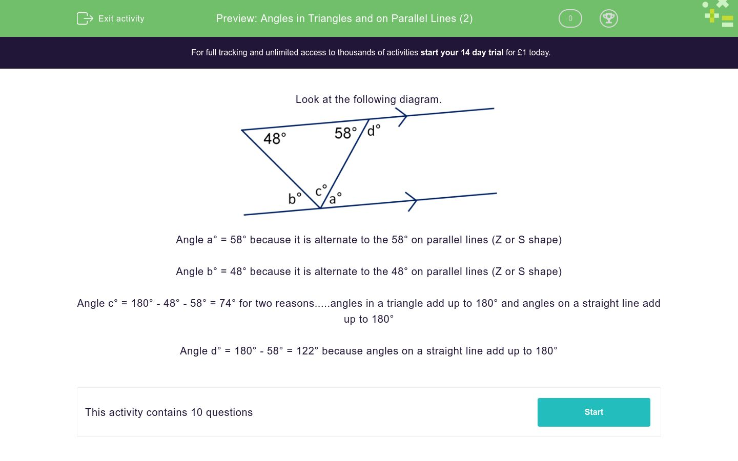 Angles In Triangles And On Parallel Lines 2 Worksheet