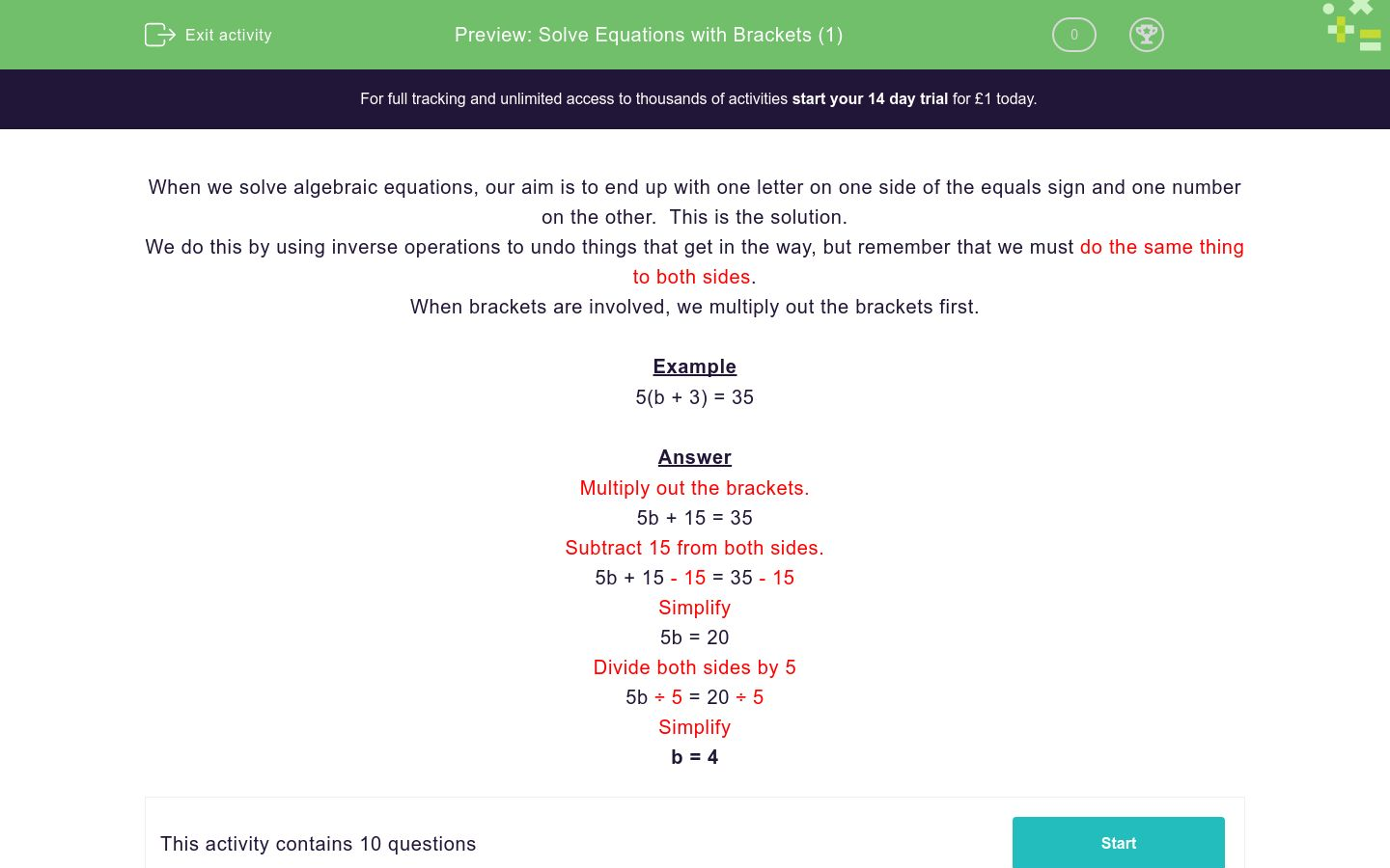 Solve Equations With Brackets 1 Worksheet Edplace