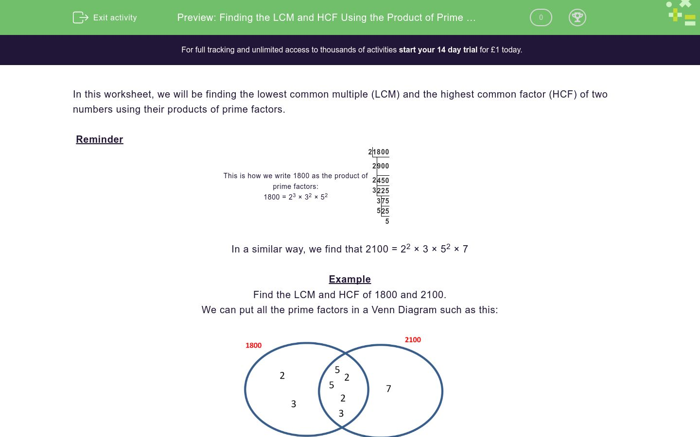 Finding the LCM and HCF Using the Product of Prime Factors Worksheet ...