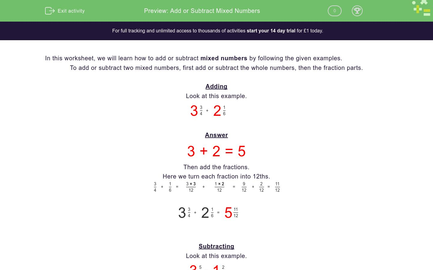 Add or Subtract Mixed Numbers Worksheet - EdPlace Inside Adding Mixed Numbers Worksheet