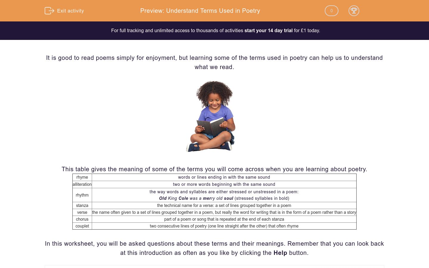 Understand Terms Used in Poetry Worksheet - EdPlace