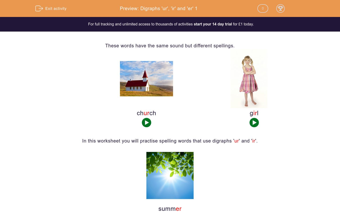 Digraphs 'ur', 'ir' and 'er' 1 Worksheet - EdPlace