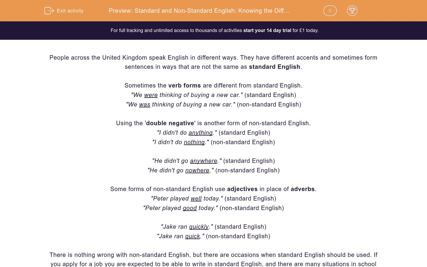 Standard And Non Standard English Knowing The Difference Worksheet Edplace