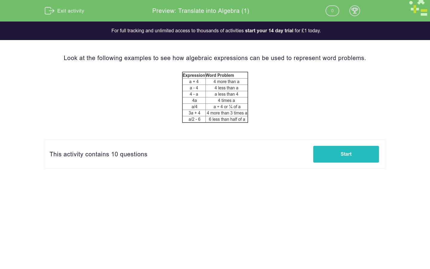 Translate into Algebra (1) Worksheet - EdPlace