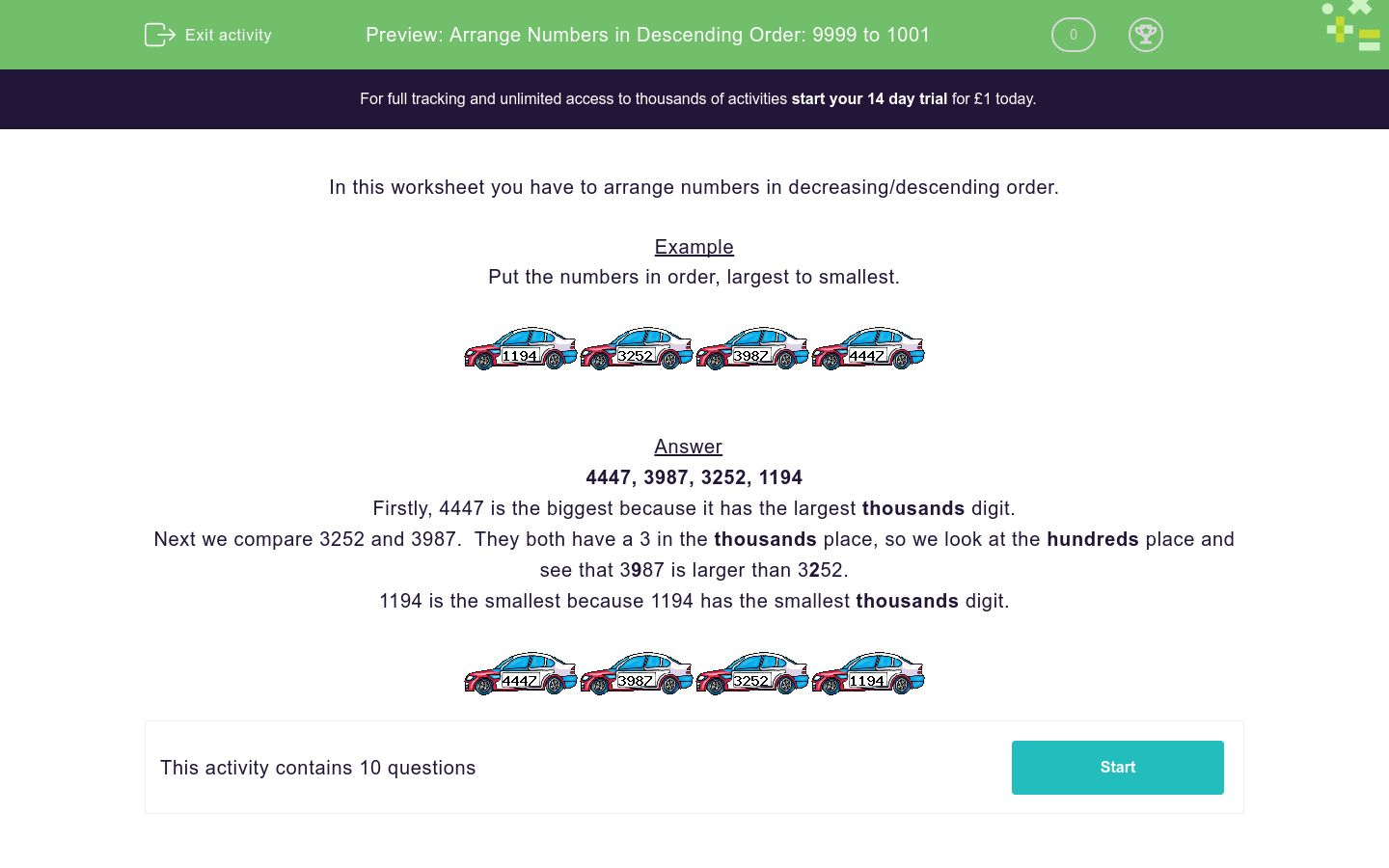 arrange numbers in descending order 9999 to 1001 worksheet edplace