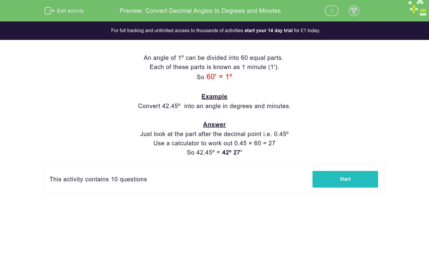 Convert Decimal Angles to Degrees and Minutes Worksheet - EdPlace