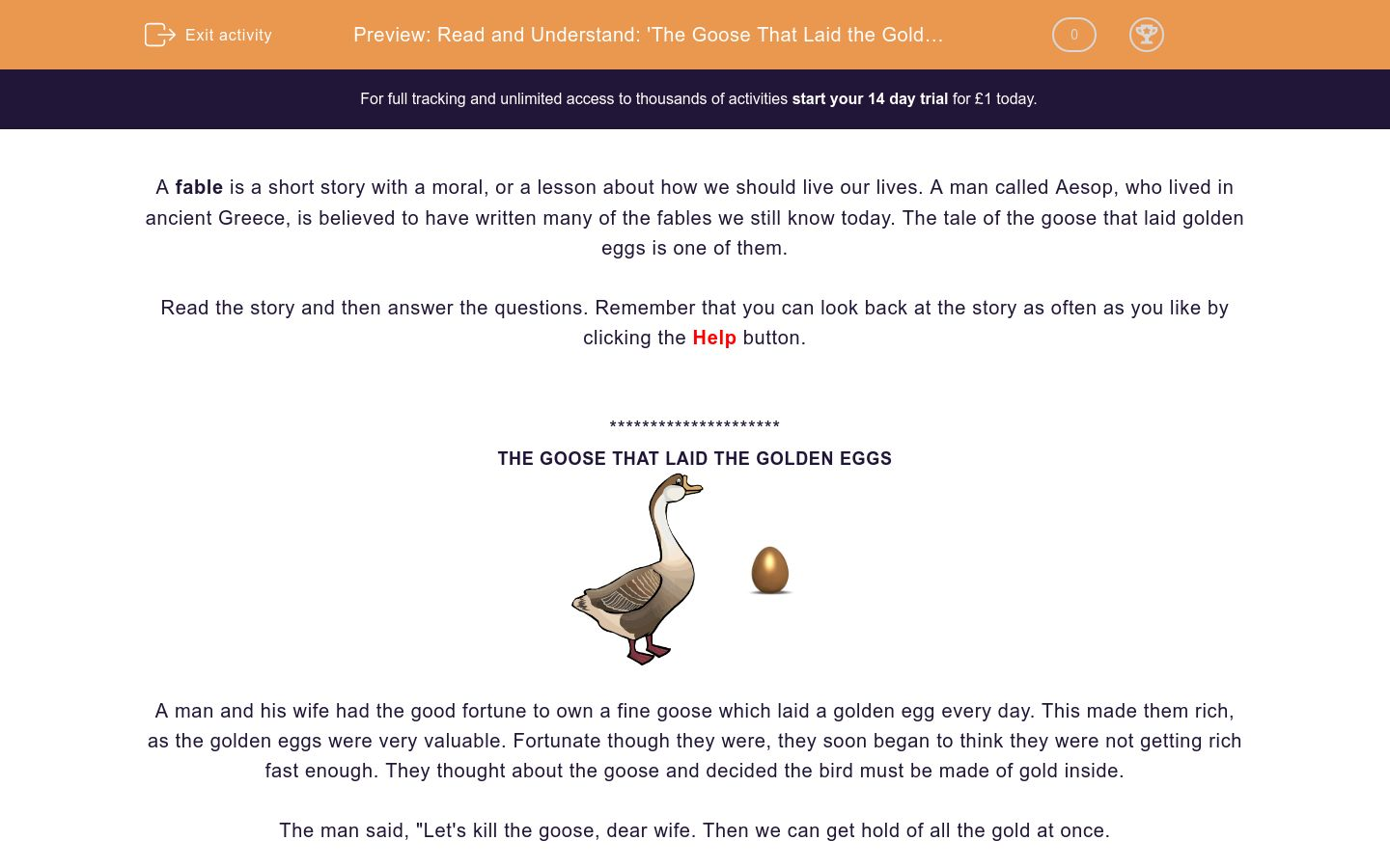 Read And Understand The Goose That Laid The Golden Eggs Worksheet Edplace