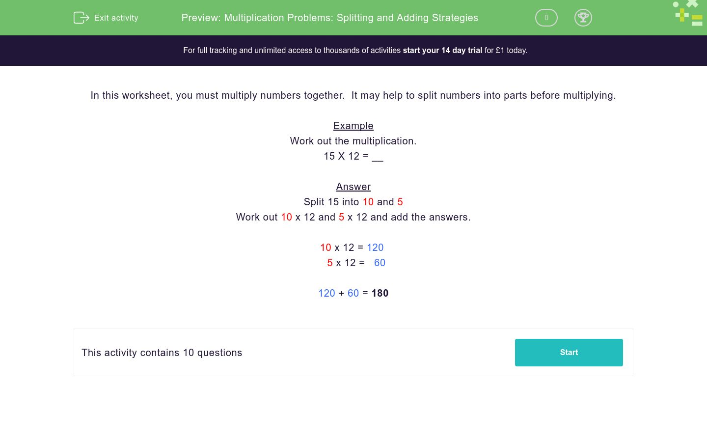 Multiplication Problems: Splitting and Adding Strategies Worksheet ...
