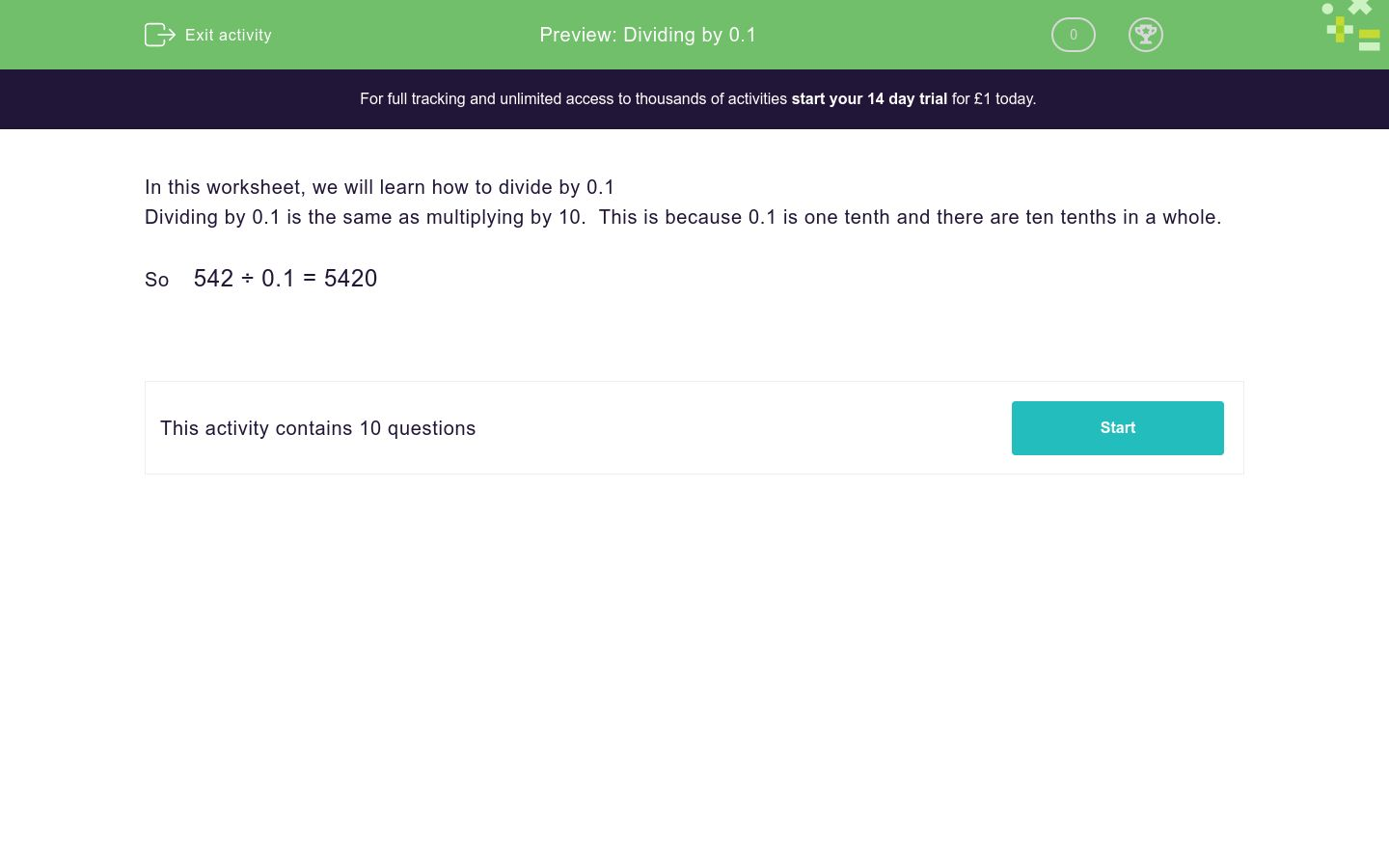 Dividing by 0.1 Worksheet - EdPlace