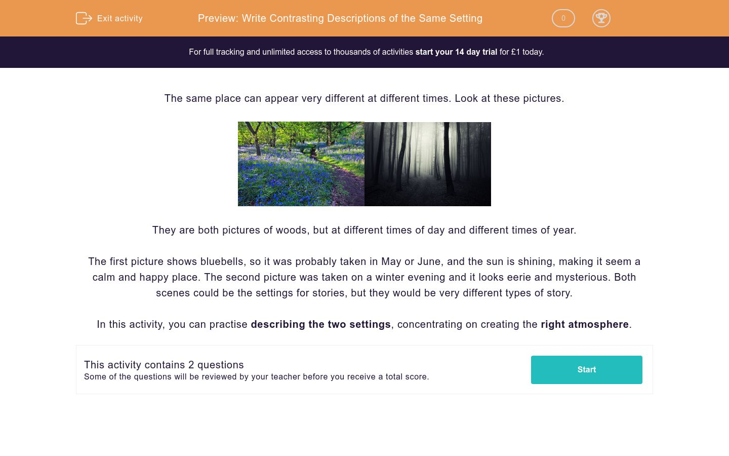 Write Contrasting Descriptions Of The Same Setting Worksheet Edplace