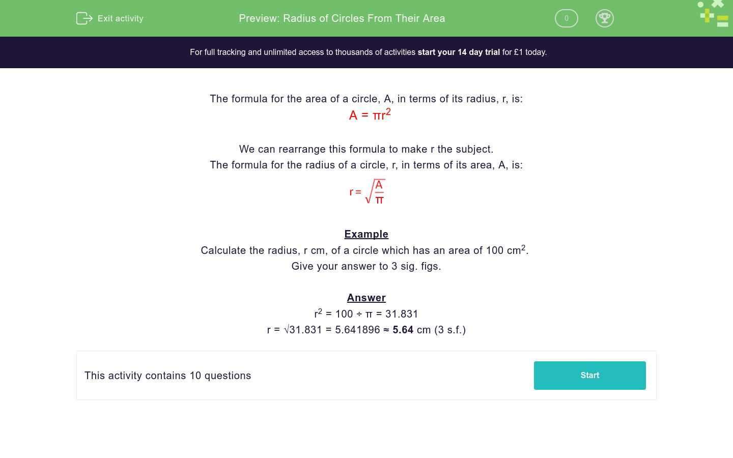 Radius of Circles From Their Area Worksheet - EdPlace