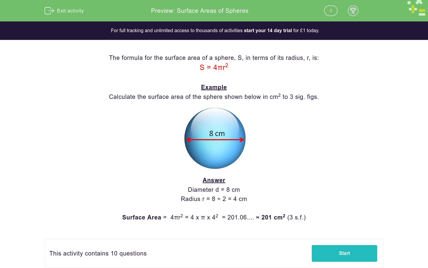 Surface Areas of Spheres Worksheet - EdPlace