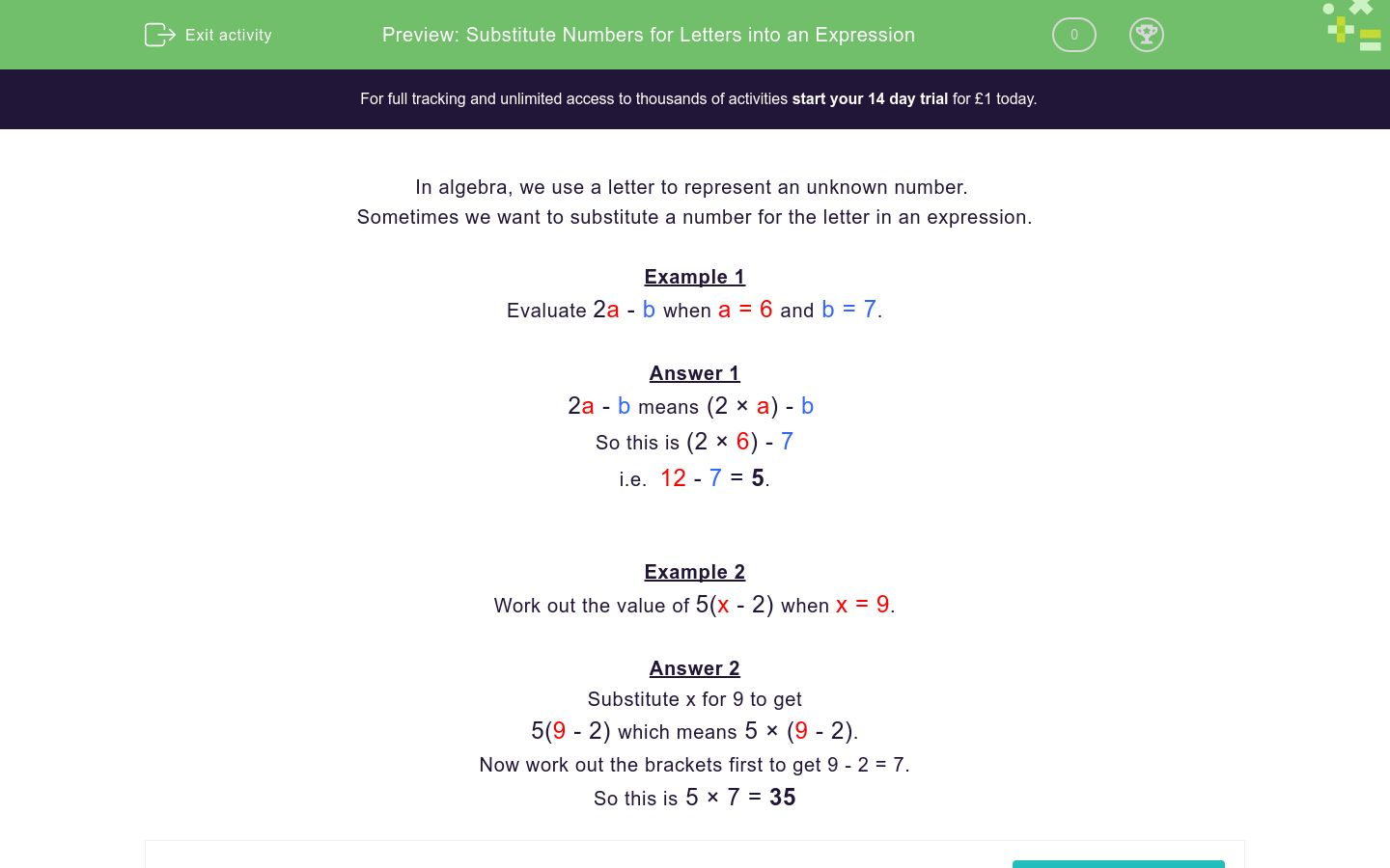 Substitute Numbers For Letters Into An Expression Worksheet Edplace