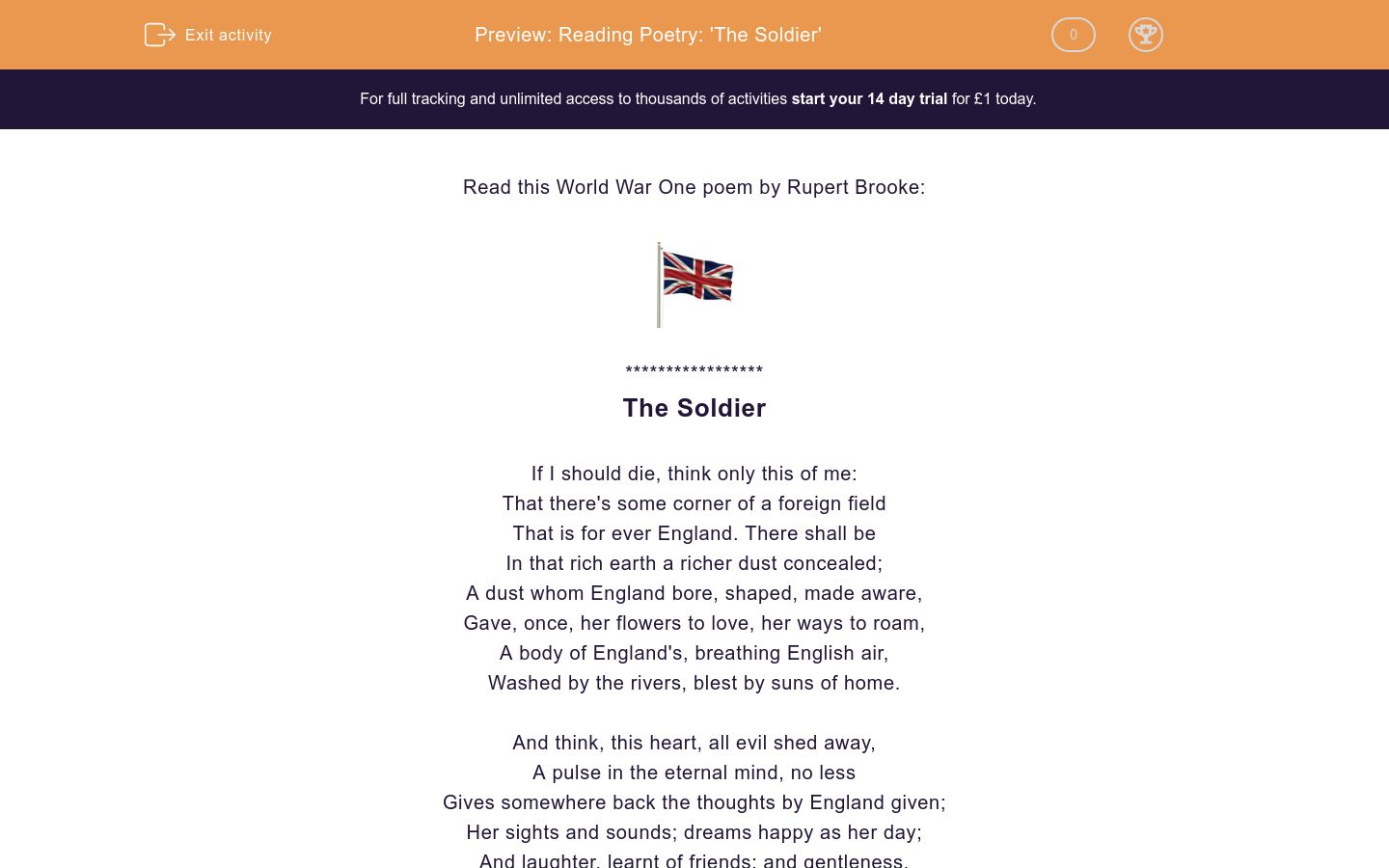 Reading Poetry 'The Soldier' Worksheet EdPlace