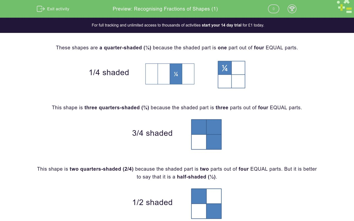 Recognising Fractions Of Shapes 1 Worksheet Edplace