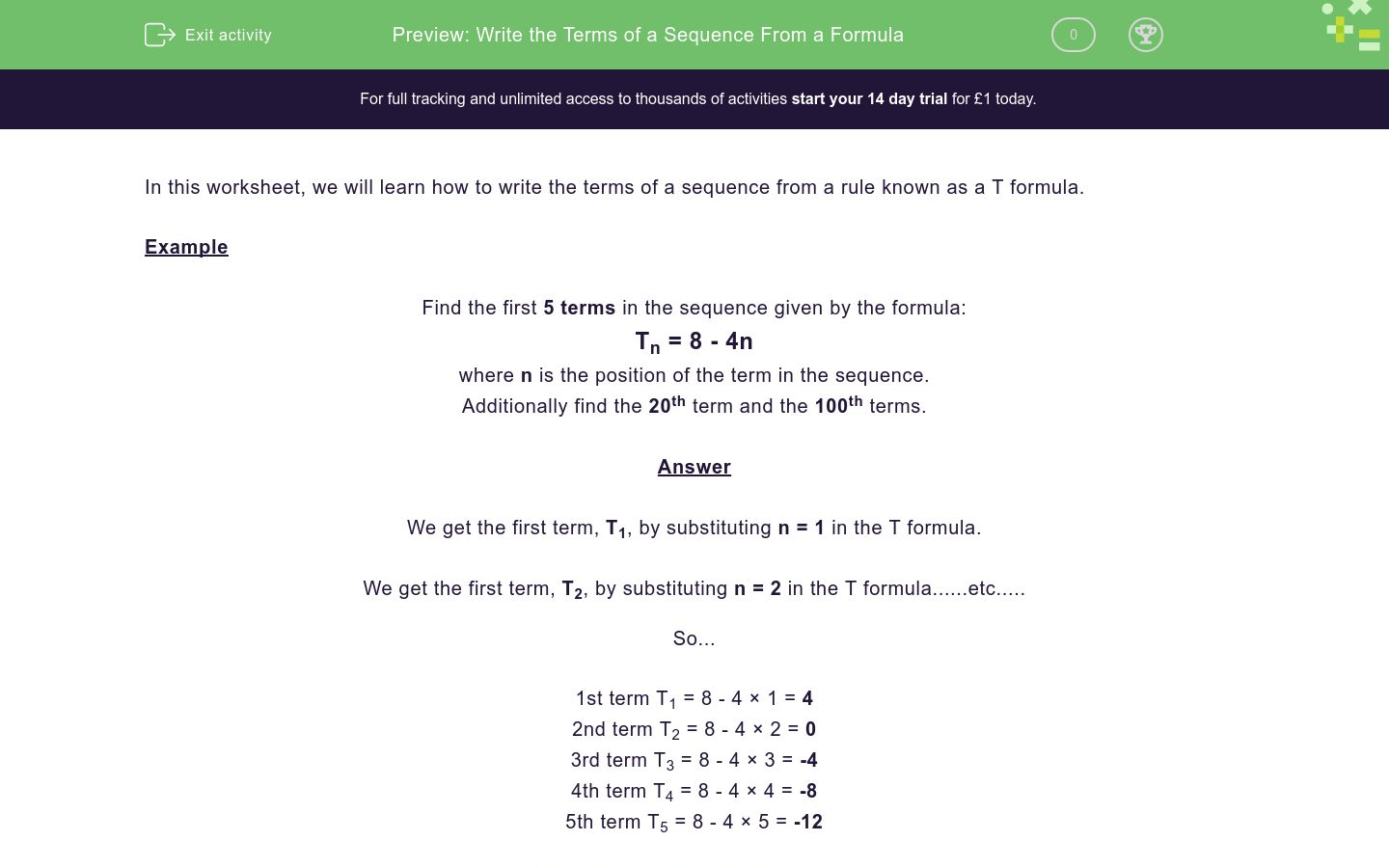 Write the Terms of a Sequence From a Formula Worksheet - EdPlace