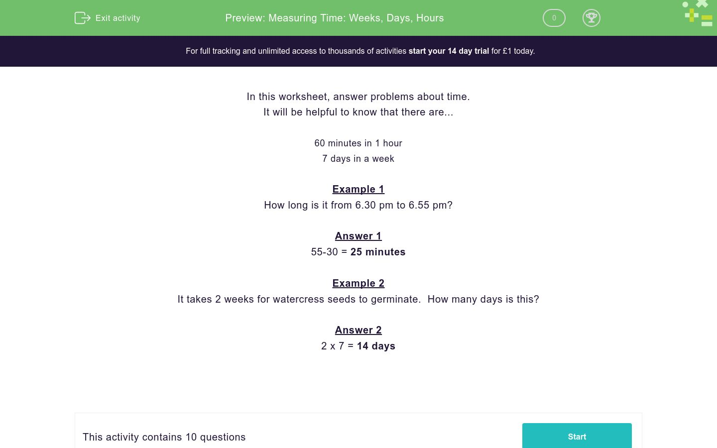 Measuring Time: Weeks, Days, Hours Worksheet - EdPlace