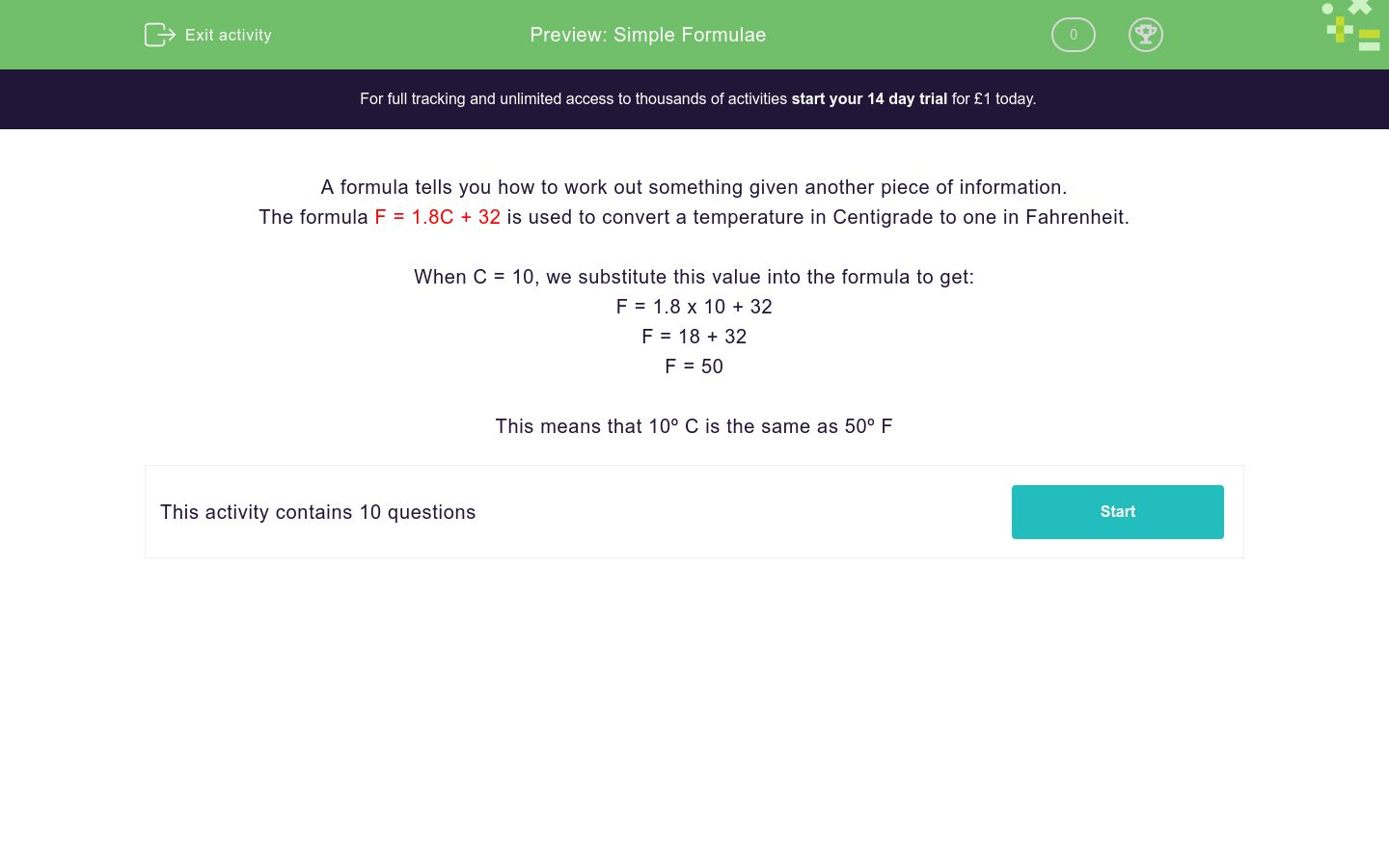 Simple Formulae Worksheet - EdPlace