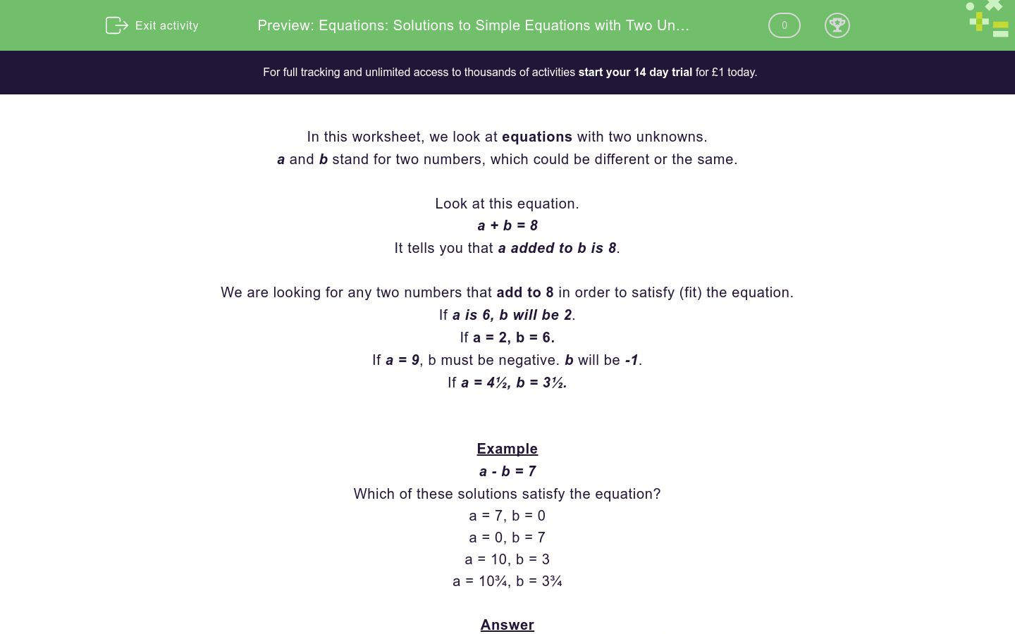 Equations: Solutions to Simple Equations with Two Unknowns Worksheet ...