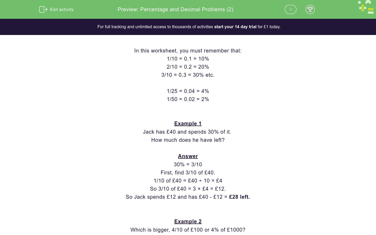 Percentage and Decimal Problems (2) Worksheet - EdPlace