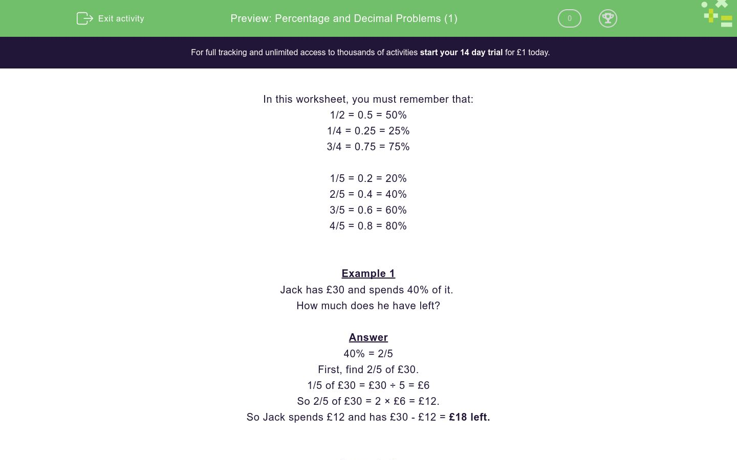 Percentage And Decimal Problems 1 Worksheet Edplace
